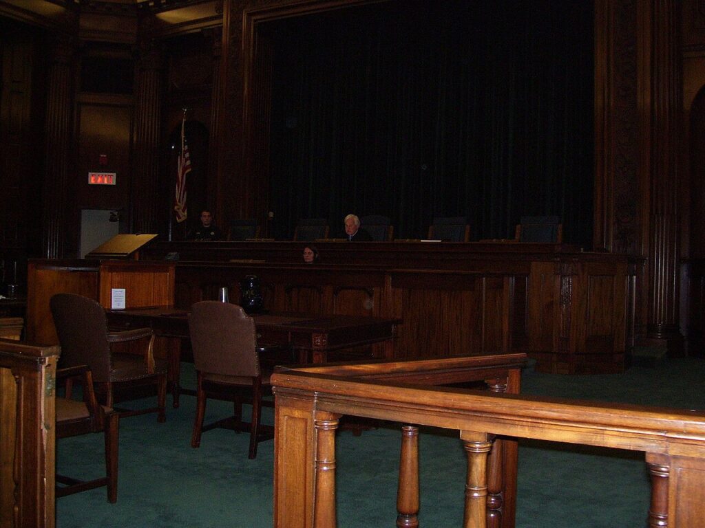 Courtroom interior bench municipal court proceeding